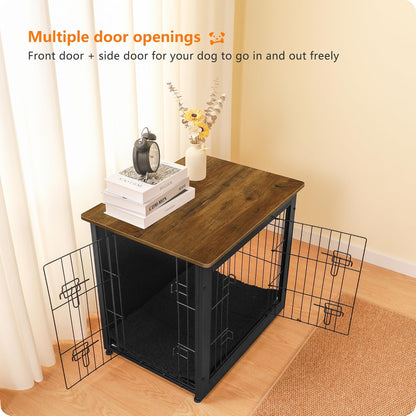 DWANTON Dog Crate Furniture with Cushion, Wooden Kennel Table with Double Doors, Indoor Dog House, Small/Medium/Large Size, 27.2" L, Black+Warm Brown
