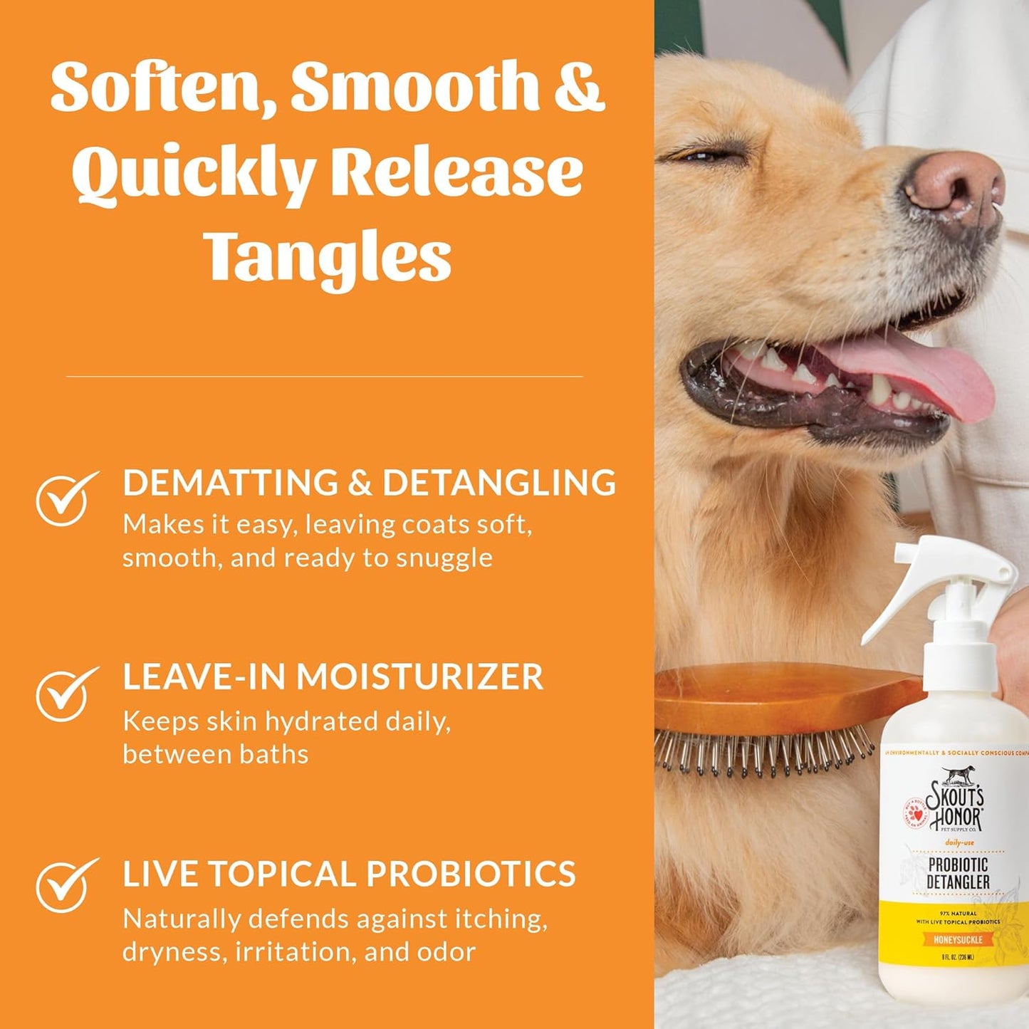 Skout's Honor Probiotic Pet Detangler Spray - Hydrating & Conditioning w/Avocado Oil, 97% Natural, Paraben & Sulfate-Free, softens for a More brushable Coat, Daily Use, 8oz, Honeysuckle