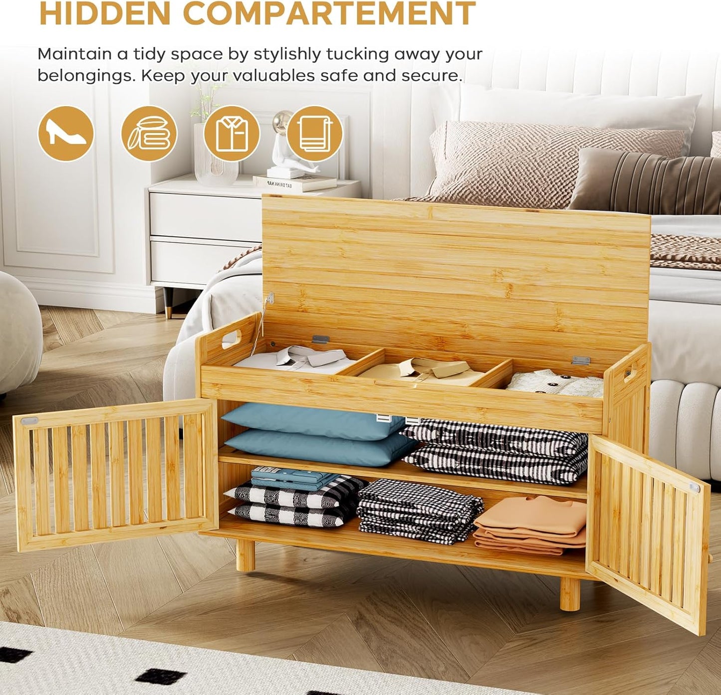 Shoe Storage Bench, Bamboo Entryway Bench with 2 Doors & Padded Seat Cushion, 35.4" W x 12.6" D x 19.7" H, 2-Tier Shoe Rack with Lift Top Hidden Storage, for Entryway, Living Room, Bedroom, Natural