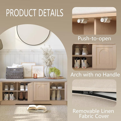 DINZI LVJ Shoe Bench, Entryway Storage Bench with Doors, Cushion, 2-Tier Shoe Rack with 8-Cubby, 47.2”L x 13.8”W Shoe Organizer Cabinet, Adjustable Shelf, Living Room, Bedroom Natural