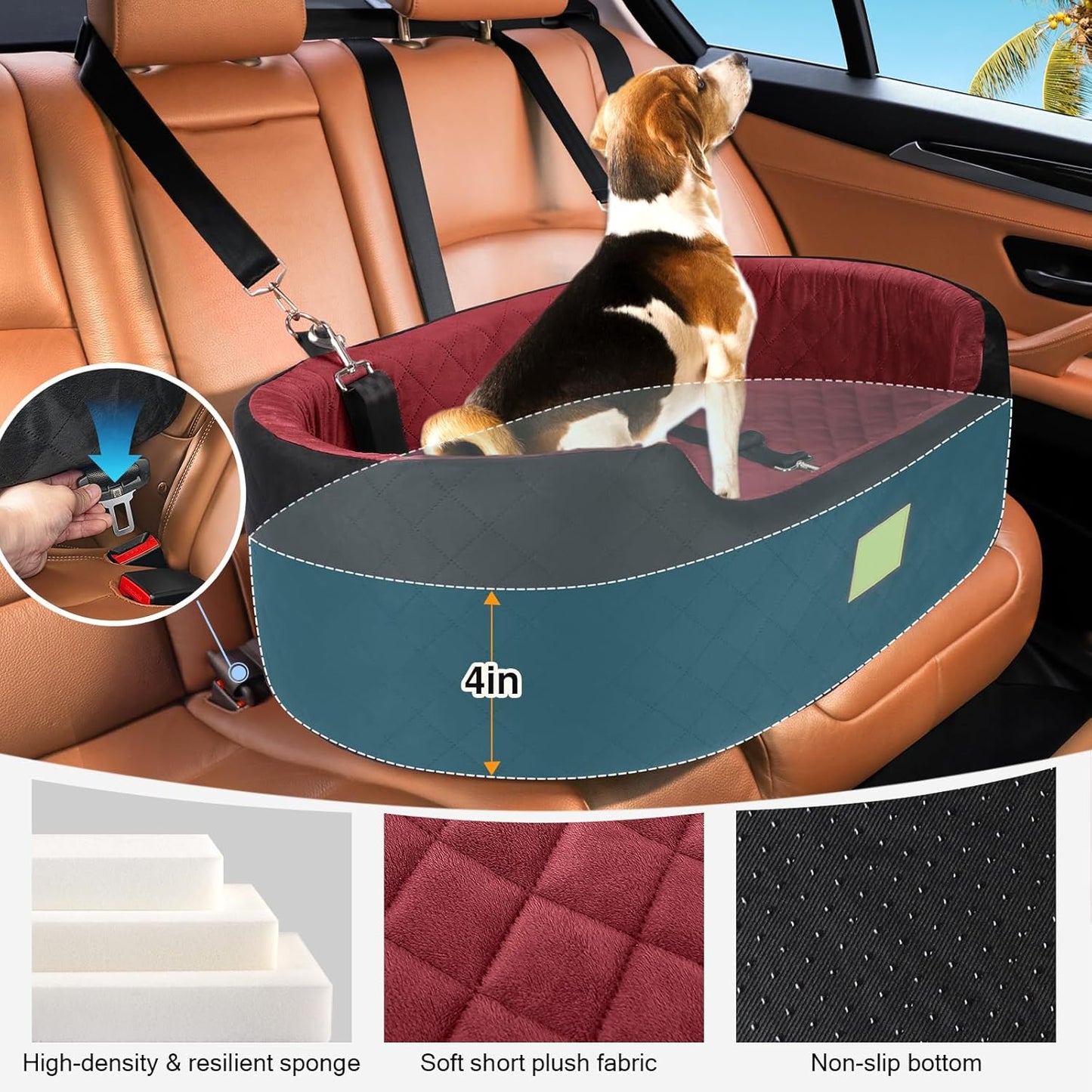 Dog Car Seat for Medium Dogs Up to 50 lbs, Pet Booster Seat for Cars SUVs and Trucks, Travel Dog Bed with Safety Strap, Thick Cushion, Non-Slip Base, Washable and Portable(Black/Red