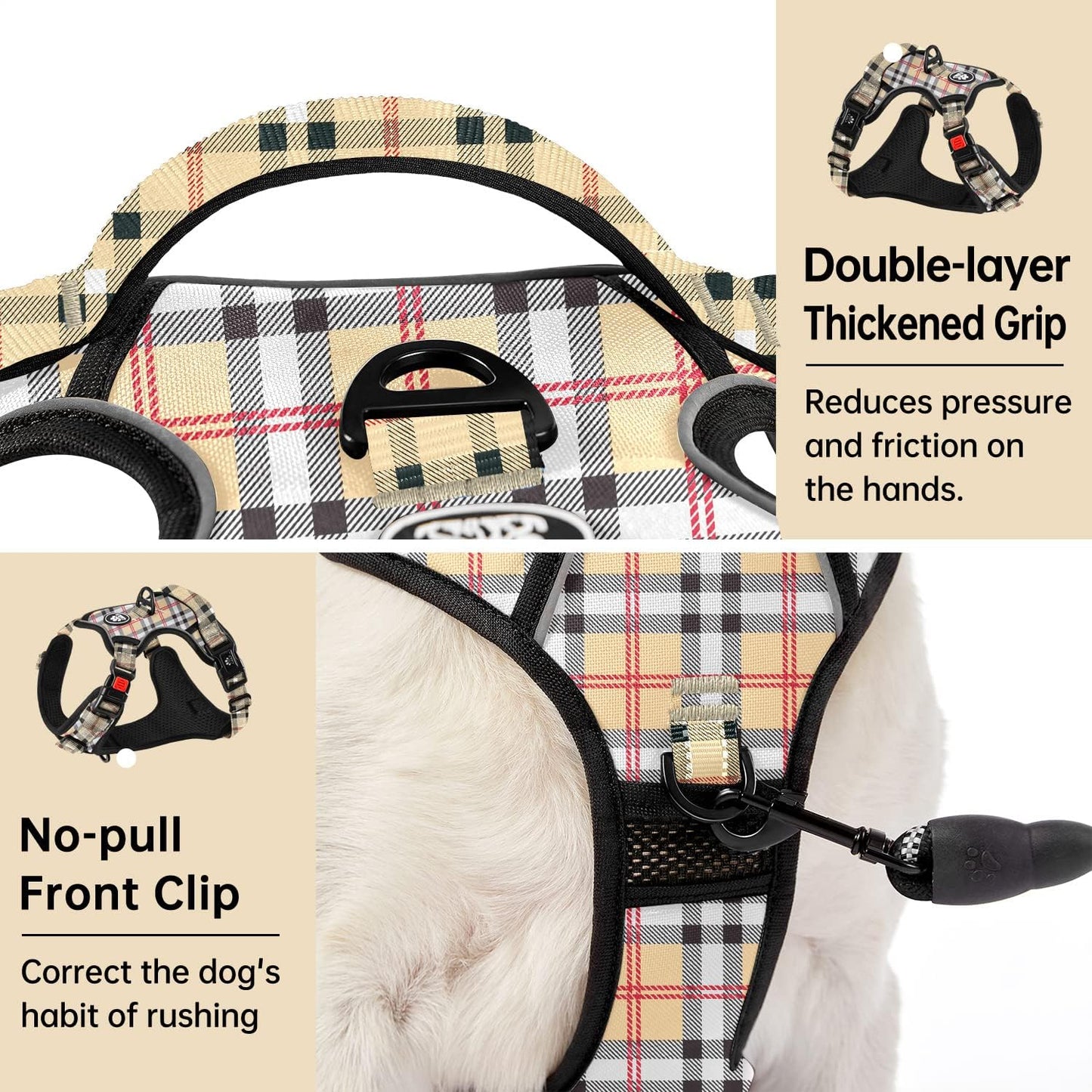 IVY&LANE No Pull Dog Harness with Leash Set, Reflective No Choke Pet Vest,Adjustable Oxford Dog Vest Harness with Easy Control Handle for Large Dogs (Checkered Beige,XL)
