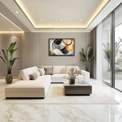 Large Abstract Wall Art for Living Room, Oversized Abstract Circle Wall Decor, Black and Golden Abstract Canvas Painting Modern Artwork Home Decoration for Living Room Bedroom Office Framed 36"x24"