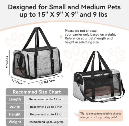 PETSFIT Soft-Sided Cat Carriers & Car Seats with Patent Safe Buckles, Clip-On Harness，18"x11"x11" Airline Approved Pet Carrier - 9 lbs Capacity,Grey