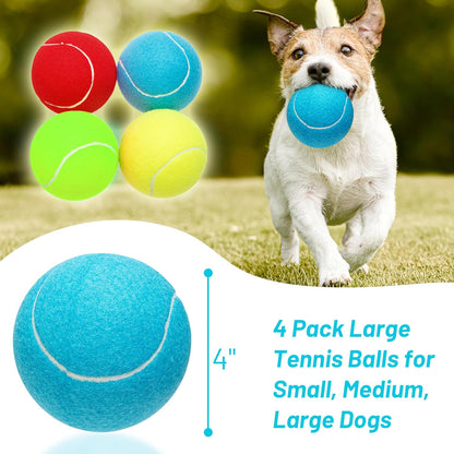 Large Dog Tennis Balls, 4 inch Interactive Big Dog Toy Ball for Small Medium Large Dogs, 4-Pack Dog Toys for Outdoor/Indoor Sports, Fetch, Training & Play
