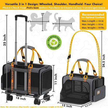 PAWZIDEA Pet Carrier with Wheels, 18x11x11 TSA Airline Approved Cat Carrier for 2 Cats Under Seat, Expandable Soft-Sided Dog Carrier for Small Dogs Rolling Travel Bag with Telescopic Handle, ID Card