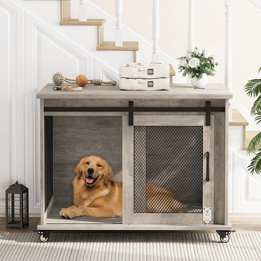 Dog Crate Furniture,37 Inch Indoor Dog Cage with Sliding Barn Door, Flip Top Dog Kennel End Table with Removable Divider, Farmhouse Wooden Pet House for Small to Middle Size Dogs