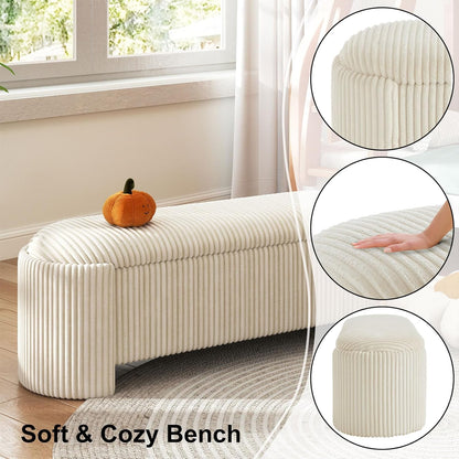 Storage Ottoman Bench Upholstered Corduroy End of Bed with Safety Hinge for Bedroom, Living Room, Entryway, Closet, Stool Modern Design Legs, No Installation Needed, White