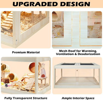 Prolee Hamster Cage Wooden, Mice and Rat Habitat, Hamster Cage with Openable Mesh Top, Clear Acrylic Solid Built with Lock Design, Oak 40"
