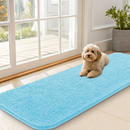 OLANLY Dog Door Mat for Muddy Paws 59x20, Absorbs Moisture and Dirt, Absorbent Non-Slip Washable Doormat, Quick Dry Chenille Mud Mat for Dogs, Entry Indoor Entryway Carpet for Inside Floor, Blue
