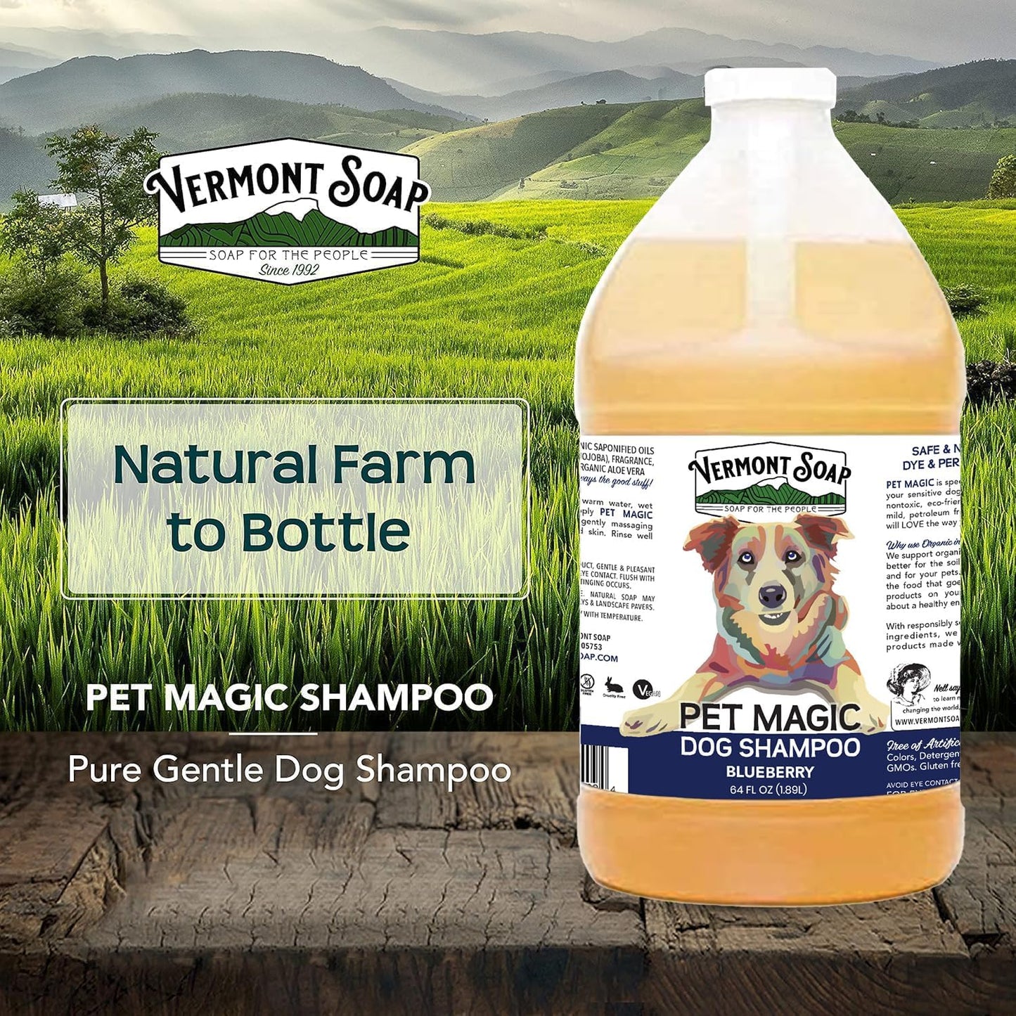 VERMONT SOAP Organics Pet Shampoo - Infused with Organic & Natural Olive Oil, Coconut & Aloe Vera Dog Shampoo for Sensitive Skin - USDA Certified Grooming, Blueberry (64oz)
