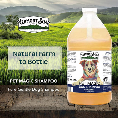 VERMONT SOAP Organics Pet Shampoo - Infused with Organic & Natural Olive Oil, Coconut & Aloe Vera Dog Shampoo for Sensitive Skin - USDA Certified Grooming, Blueberry (64oz)