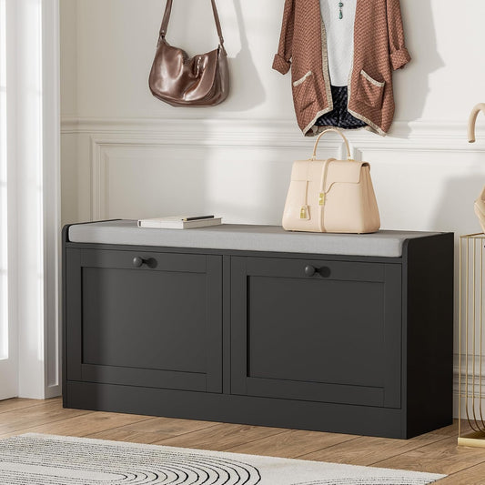 MHOM Black Modern Entryway Bench with 2 Flip Drawers, Shoe Bench with Padded Seat Cushion, Wooden Storage Bench for Bedroom and Apartment
