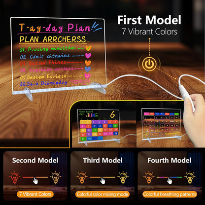 LED Note Board with Colors, 13.7"X10" 4 Modes & 7 Colors Acrylic Dry Erase Board with Light, Include Adapter, Hanging Chain, Led Drawing Board for Kids with Stand, 7 Markers, Spray Bottle