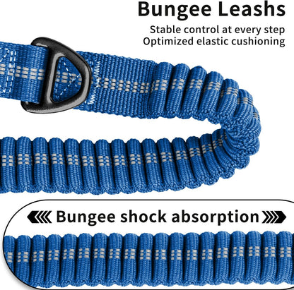 Heavy Duty Tactical Bungee Dog Leash, 4-6FT Shock Absorbing Tactical Dog Leash with 2 Padded Handles, Metal Carabiner Clip,Car Seatbelt, Reflective Dog Leashs for Medium Large Dogs (Blue)