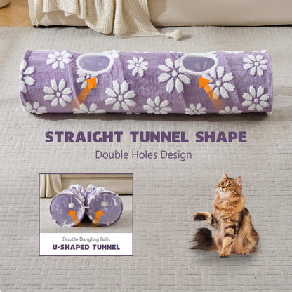 Straight Cat Tunnel for Indoor Cats 47"x12", Cute Cat Toys Collapsible Tunnel Tube with Balls for Puppy Kitten Rabbit, Purple Flower