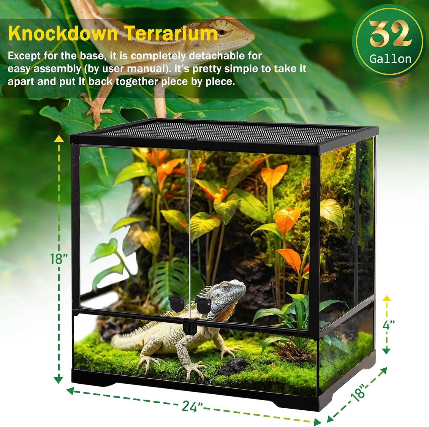 32 Gallon Professional Glass Terrarium 24"x18"x18" Durable Reptile Habitat Tank with Heat Resistant Aluminum Alloy Frame, Dual Front Swinging Doors for no Jam by Sand and Other Debris