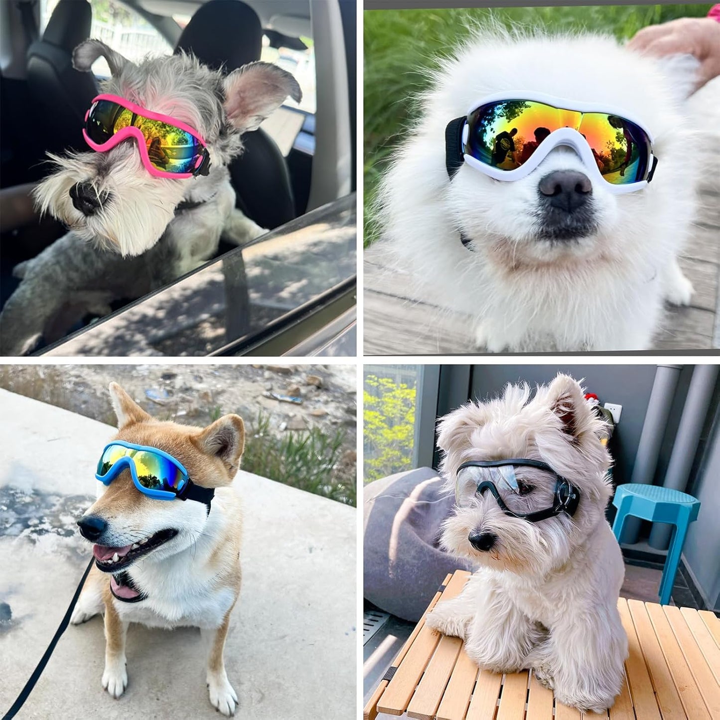 Dog Goggles Small Breed Dog Sunglasses with Adjustable for UV Protection Eyewear Doggy Doggie Puppy Glasses Anti-Fog Wind Dust Snowproof (White Frame Black Lens)