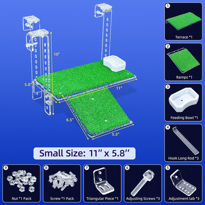 Adjustable Hanging Turtle Dock with Anti-Slip Artificial Grass Basking Platform Sturdy Acrylic Ramp for Aquatic Turtles, Compatible with Various Tank Sizes, Easy Setup (Transparent, 11x5.8 Inch)