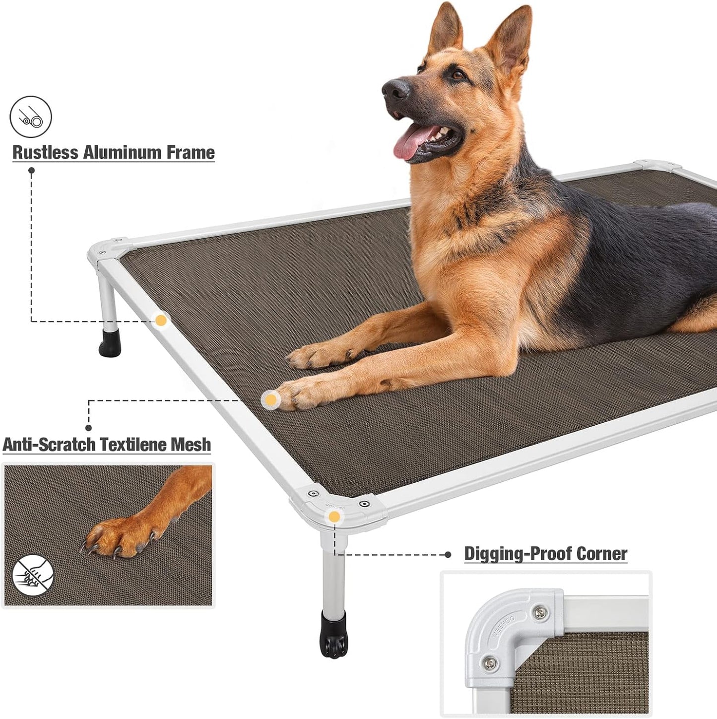 Veehoo Chew Proof Elevated Dog Bed - Cooling Raised Pet Cot - Silver Aluminum Frame and Durable Teslin Mesh Fabric, Unique Designed No-Slip Feet for Indoor or Outdoor Use, Brown, XX-Large, CWC2003