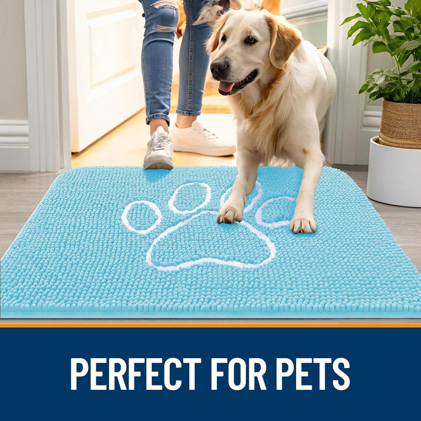 OLANLY Door Mat for Muddy Dog Paws 40x32, Ultra Absorbent Chenille Mud Doormat with Paw Print Design, Non-Slip Washable Doormat for Indoor Entryway, Quick-Dry Pet Bed Mats for Dirty Dogs, Blue