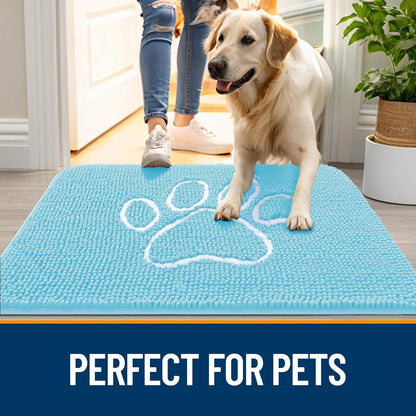 OLANLY Door Mat for Muddy Dog Paws 30x20, Ultra Absorbent Chenille Mud Doormat with Paw Print Design, Non-Slip Washable Doormat for Indoor Entryway, Quick-Dry Pet Bed Mats for Dirty Dogs, Blue