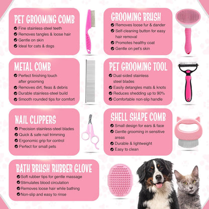 7-in-1 Pet Grooming Kit for Dogs & Cats Deshedding Brush, Bath Brush, Flea Comb, Nail Clipper & Massage Glove Complete Grooming Set for Small & Large Pets