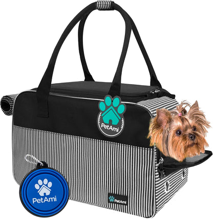 PetAmi Dog Purse Carrier for Small Dogs, Airline Approved Soft Sided Pet Carrier with Pockets, Ventilated Dog Carrying Bag for Puppy Cat, Dog Travel Supplies Bag, Sherpa Bed, Max 12 lbs, Stripe Black