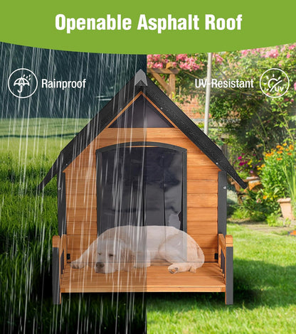 Large Dog House Outdoor Weatherproof with Porch, All-Metal Frame Chew-Proof Dog Kennel with Asphalt Roof, for Small Medium Large Dogs
