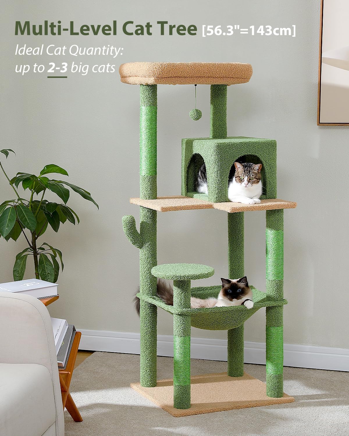 Cactus Cat Tree for Large Cats with Metal Plush Big Hammock, 56.3" Cat Tower for Indoor Cats with 2 Door Condo House, 6-Tier Cat Shelves with Scratching Posts and Large Top Perch,Green