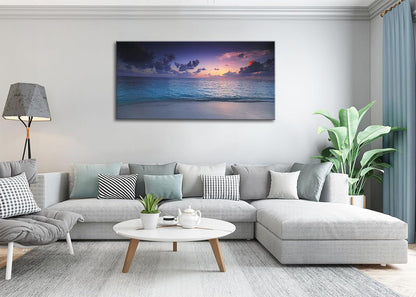 Blue Ocean Sunset Canvas Wall Art – Framed Seascape Painting, Coastal Landscape Nature Decor for Living Room & Bedroom (24x48 Inch)