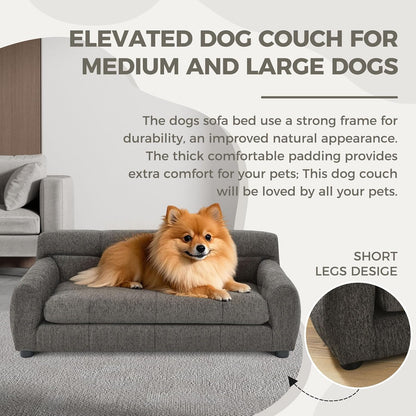 Dog Couch Bed, Mini Sofa for Dogs with Backrest and Armrest, Durable Pet Sofa with Soft Foam Cushion, Elevated Dog Couch Bed with Legs for Medium and Large Dogs, Stone Grey