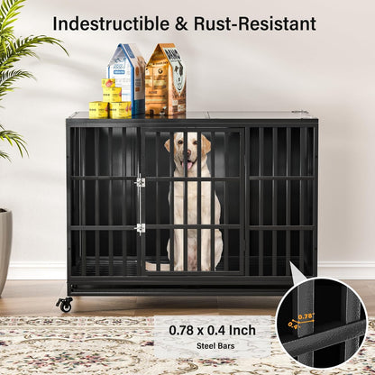 48 inch Heavy Duty Dog Crate with Self-Locking Latch, Indestructible Large Steel Kennel with Enclosed Design, Escape-Proof and Chew-Proof Pet Cage for High Anxiety Dogs