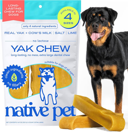 Native Pet Yak Cheese Himalayan Dog Chews XLarge - Long Lasting Dental Sticks for Extra Large Breeds – 100% All Natural Himalayan Yak Chews – Cheese Bone for Aggressive Chewers - 3 Per Pack
