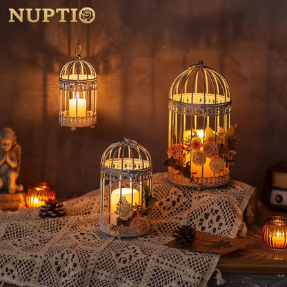 NUPTIO Candle Holders for Pillar Candles: 2 Set of 7.7 inch H Antique White Bird Cages Lantern Wedding Centerpiece Small Metal Hanging Pillars Holder for Bridal Shower Party Table Decorations