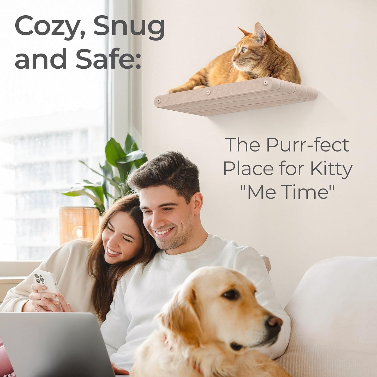 Wall Mounted Cat Perch Long Shelf by Pryde Pets - Floating Hammock Bed, 100% Sustainable PET Felt Feline Enrichment Climber Furniture for Indoor Cats, Modern Climbing Gym Jungle Design (Oatmeal)