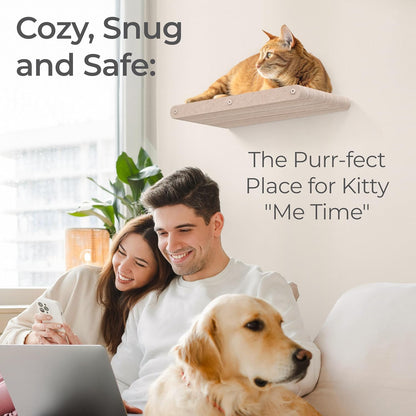 Wall Mounted Cat Perch Long Shelf by Pryde Pets - Floating Hammock Bed, 100% Sustainable PET Felt Feline Enrichment Climber Furniture for Indoor Cats, Modern Climbing Gym Jungle Design (Oatmeal)