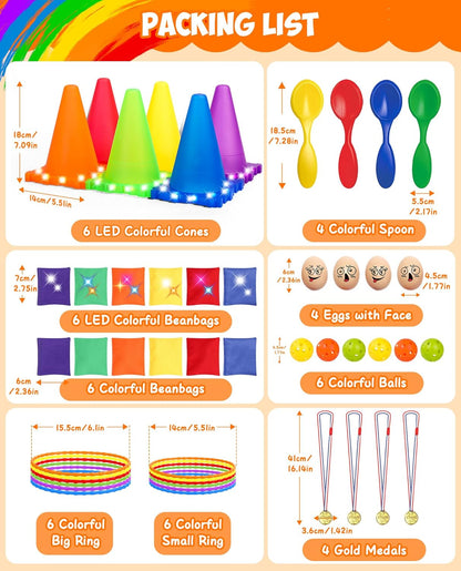Eocolz 49PCS Carnival Games Outdoor Combo Set for Kids with LED Light, Plastic Cones Obstacle Course Bean Bags Balls Ring Toss Game Egg and Spoon Race Lawn Game, Gift for Birthday Party/Xmas/Easter