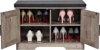 2-Tier Storage Bench, Shoe Bench with Padded Seat Cushion, Entryway Bench with 2 Barn Doors, Adjustable Shelf, 13.8" D x 27.6" W x 17.7" H, for Entryway, Living Room, Bedroom, Greige