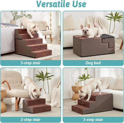 Dog Stairs for Small Dogs, 5 Tier Removable Wider Pet Stairs for Couch and Bed, 23.6" H Non-Slip Dog Steps for Puppies and Old Cats with Support Board, 29.5x19.7x23.6 inch, Brown