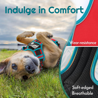 Eagloo Dog Harness for Large Dogs, Easy Wearing with 3 Buckles, Adjustable No Pull Pet Harness with 2 Rings for Walking, No Chock Reflective Soft Padded Vest with Control Handle, Red & Teal, L