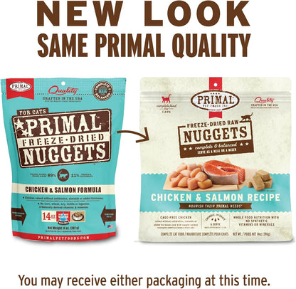 Primal Freeze Dried Raw Cat Food Nuggets Chicken & Salmon, Complete & Balanced Meal or Topper, Premium, Healthy, Grain Free, High Protein Raw Cat Food with Probiotics (14 oz)