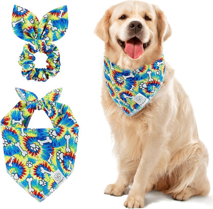 E-Clover Dog Bandanas Boy & Matching Scrunchie Set Girl Cute Rainbow Dog Scarf Bibs Pet Bandana with Bow Tie for Medium Large Dogs Owner Mom Pride