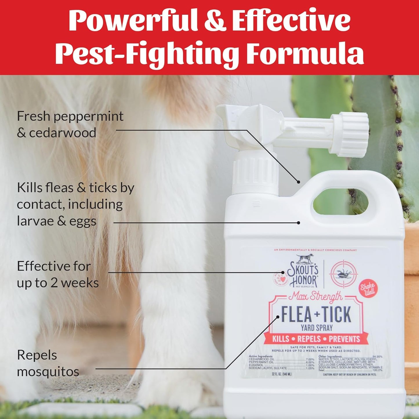 Skout's Honor Flea and Tick Yard Spray - Natural Peppermint & Cedarwood Formula, Helps to Protect from and Against Fleas, Ticks and Mosquitos, Covers upt o 5,000 Sq F, 32 oz.