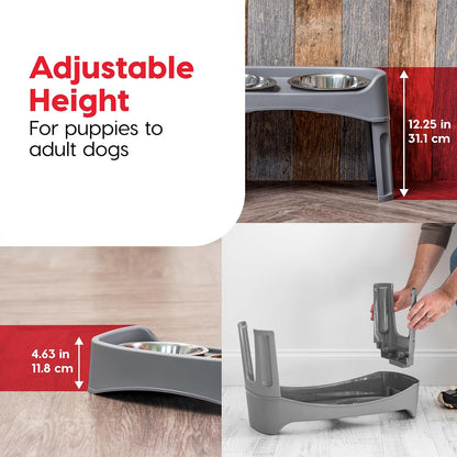 IRIS USA Elevated Dog Bowls, Adjustable Height, 2 Thick 64 oz Stainless Steel Bowls, Spill-Proof with Raised Outer Rim, Durable Made in USA Plastic, Easy Assemble, 2 Heights 4.63" or 12.25" Dark Gray