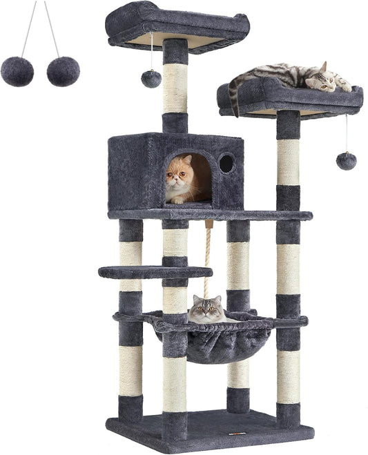 FEANDREA Cat Tree, Cat Tower for Indoor Cats, 56.3-Inch Cat Condo with Scratching Posts, Hammock, Plush Perch, Smoky Gray UPCT15GYZ