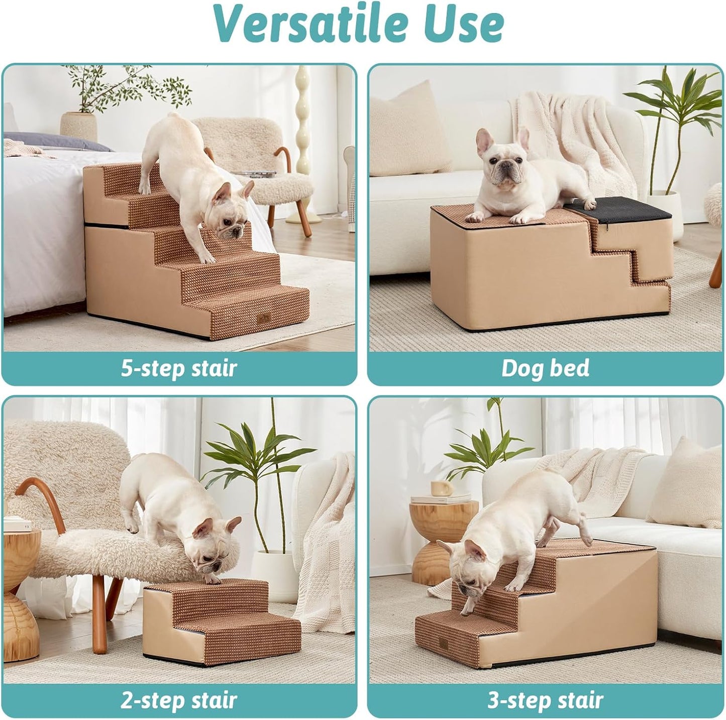 Dog Stairs for Small Dogs, 5 Tier Removable Wider Pet Stairs for Couch and Bed, 23.6" H Non-Slip Dog Steps for Puppies and Old Cats with Support Board, 29.5x19.7x23.6 inch, Light Brown