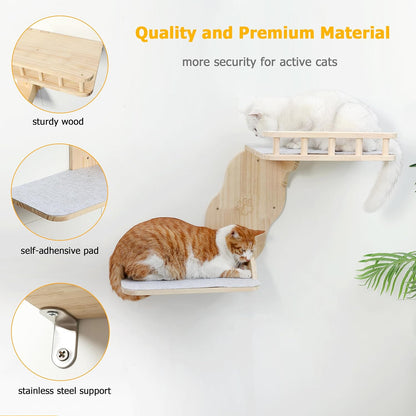 Cat Wall Perches, 2-Levels Corner Shelves Wall-Mounted Platform with Scrathing Mat, Wood Furniture for Indoor Cats Climb,Play and Nap (Right)