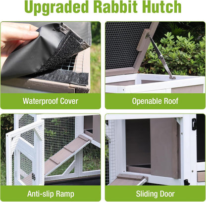 Wooden Rabbit Hutch with Two Story, Bunny Cage with Leak-Proof Trays, and Chew-Proof Ramp, Guinea Pig Cage with Wheels, Suitable for Indoor/Outdoor Use (Brown)