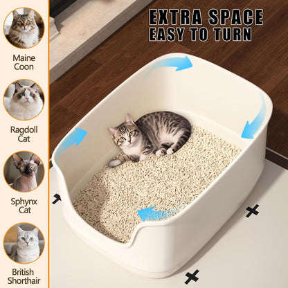 Gefryco Large Cat Litter Box with High Sided 24.6"x18.3"x12.2" - Jumbo Extra Large Open Anti - Splashing High Wall for Multiple Cats (White)